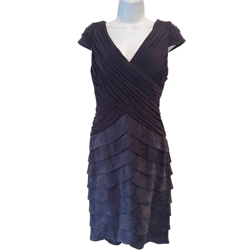 Adrianna Papell Purple Shimmer Tiered Bodycon Cocktail Dress Cap Sleeves 4 EUC